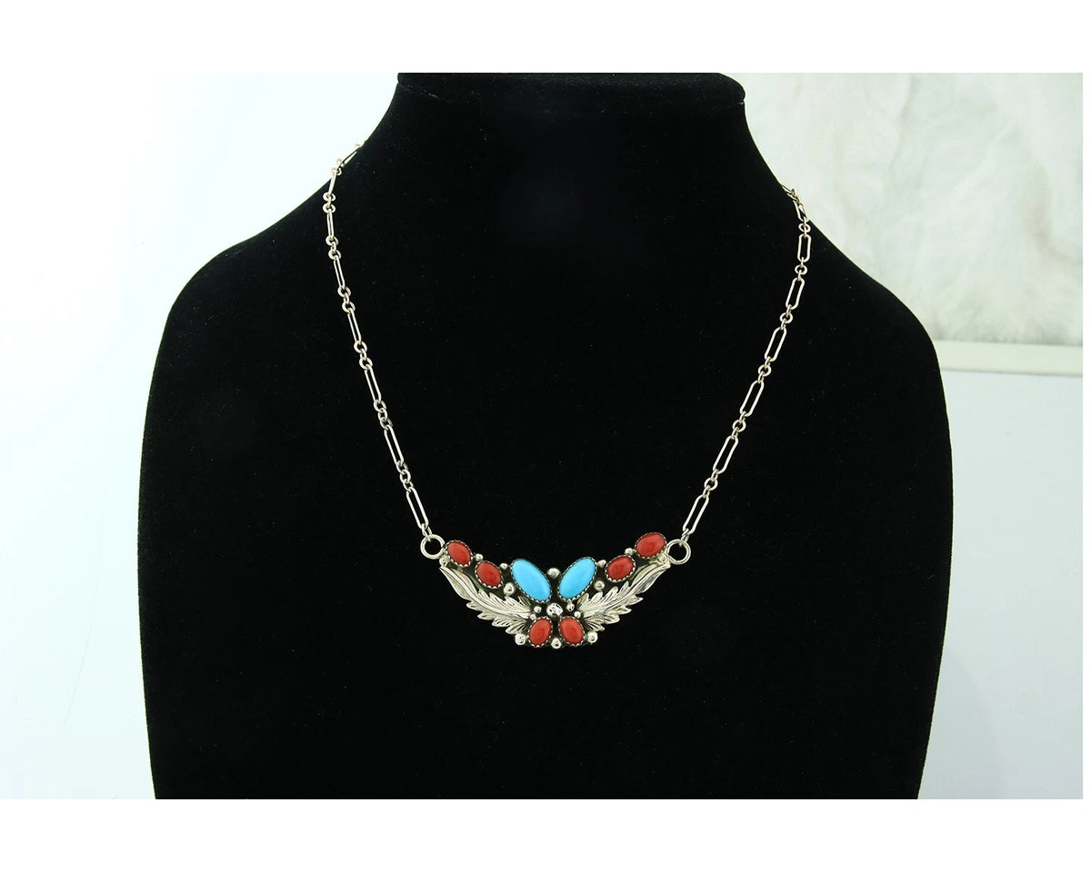 Navajo Necklace Earring Set 925 Sterling Silver Turquoise & Coral Signed RB