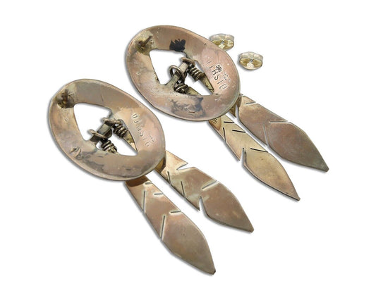 Navajo Feather Earrings 925 Silver Dangle Artist Signed DISHTA C.80's