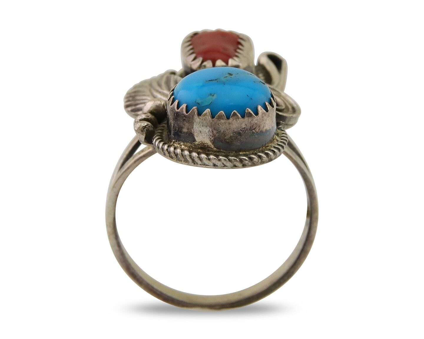 Navajo Handmade Ring 925 Silver Turquoise & Coral Artist Signed Justin Morris 80