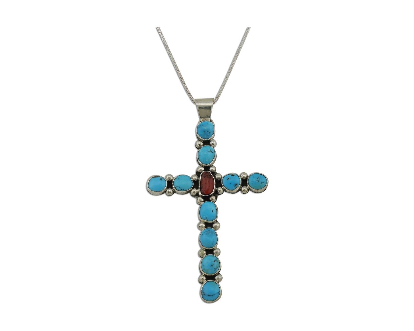 Navajo Cross Necklace 925 Silver Blue Turquoise Artist Signed JWJ C.80's