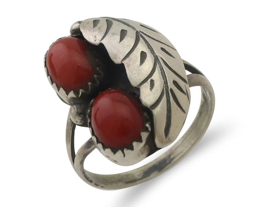 Navajo Handmade Ring 925 Silver Natural Mediterranean Coral Signed 88 C.80's