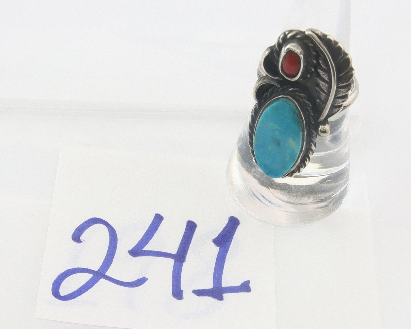 Navajo Ring 925 Sterling Natural Coral & Turquoise Native Artist C.80's Sz 7.25