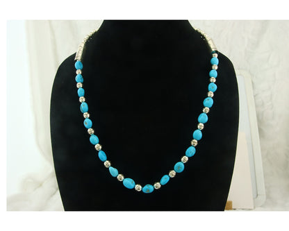Vintage Navajo Bead Necklace 925 Silver Blue Gem Turquoise Hand Stamped