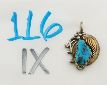 Navajo Pendant Sterling Silver & Gold Natural Blue Turquoise Signed MP