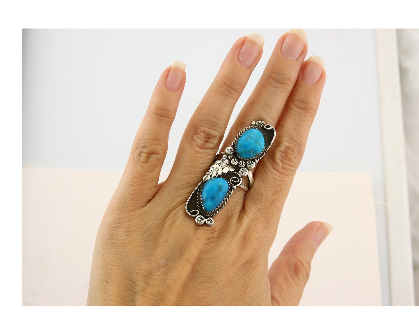 Navajo Ring 925 Sterling Turquoise Native American Artist C.80's Size 7.75