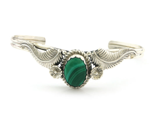 Navajo Cuff Bracelet Sterling Silver Natural Malachite Vintage Signed SN
