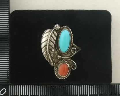 Navajo Ring 925 Sterling Natural Coral & Turquoise Signed EH C.80's Size 7.5