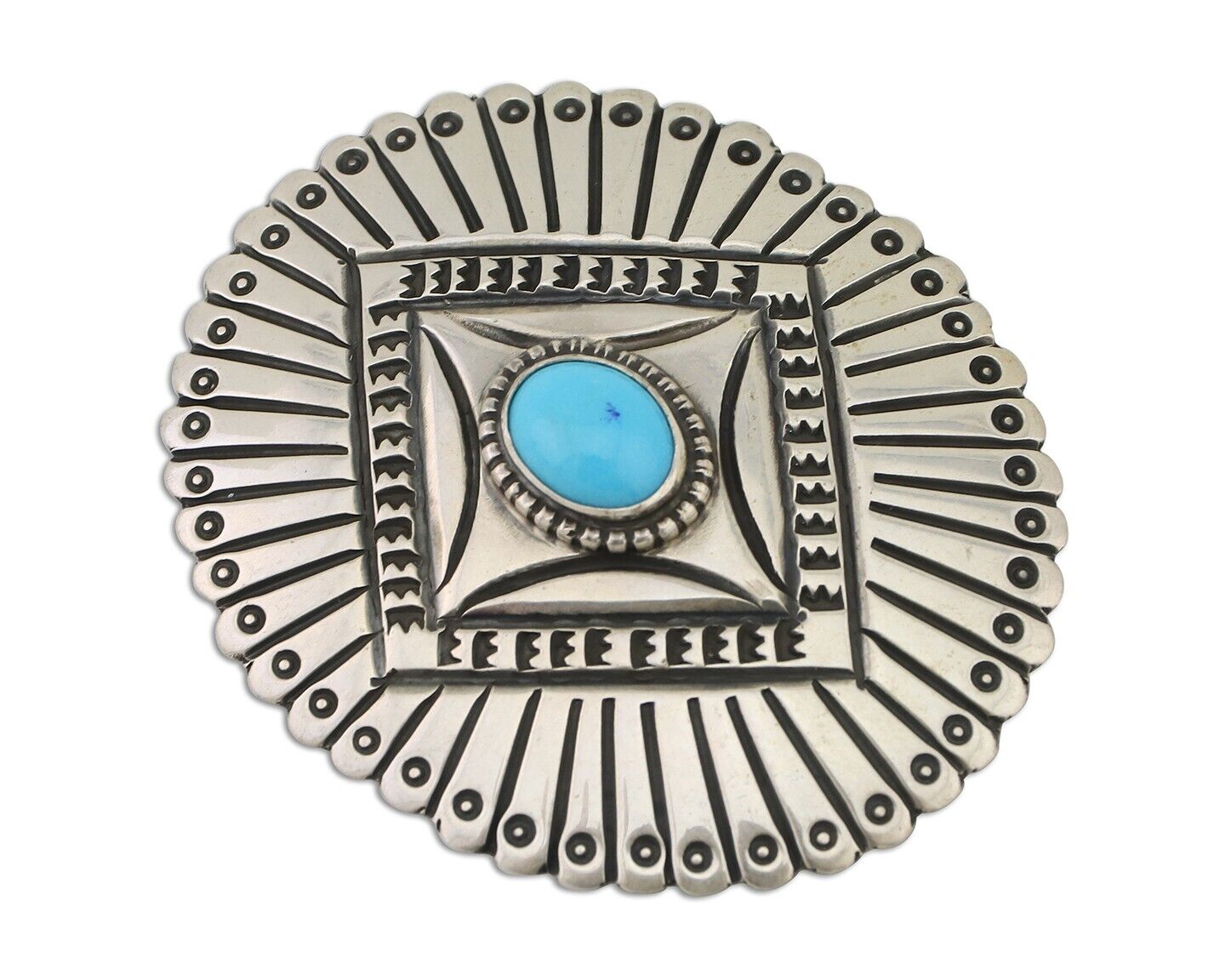 Navajo Pin 925 Silver Natural Turquoise Hand Stamped Native Artist C.80s