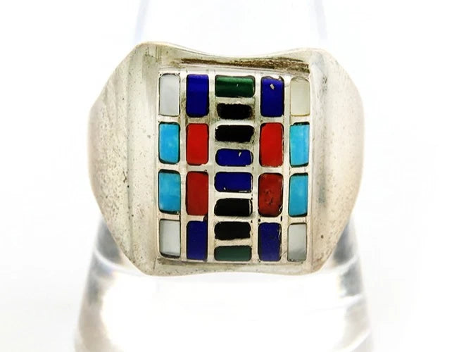 Men Navajo Ring Sterling Silver Vintage Gemstones Signed HM & JB Size 11.0