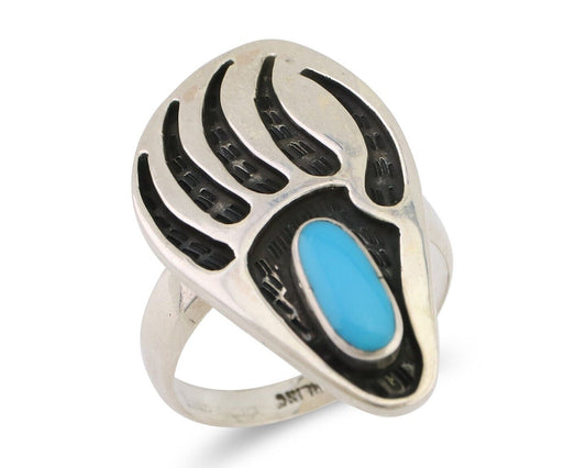 Navajo Badger Paw Ring 925 Silver Turquoise Native American Artist C.80's