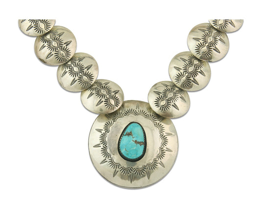 Vintage Navajo Bead Necklace 925 Siilver Turquoise Hand Stamped Native Artist