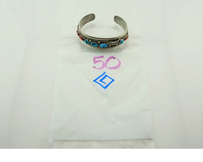 Navajo Cuff Bracelet 925 Sterling Silver Turquoise & Coral Signed Lee Charlie Jr