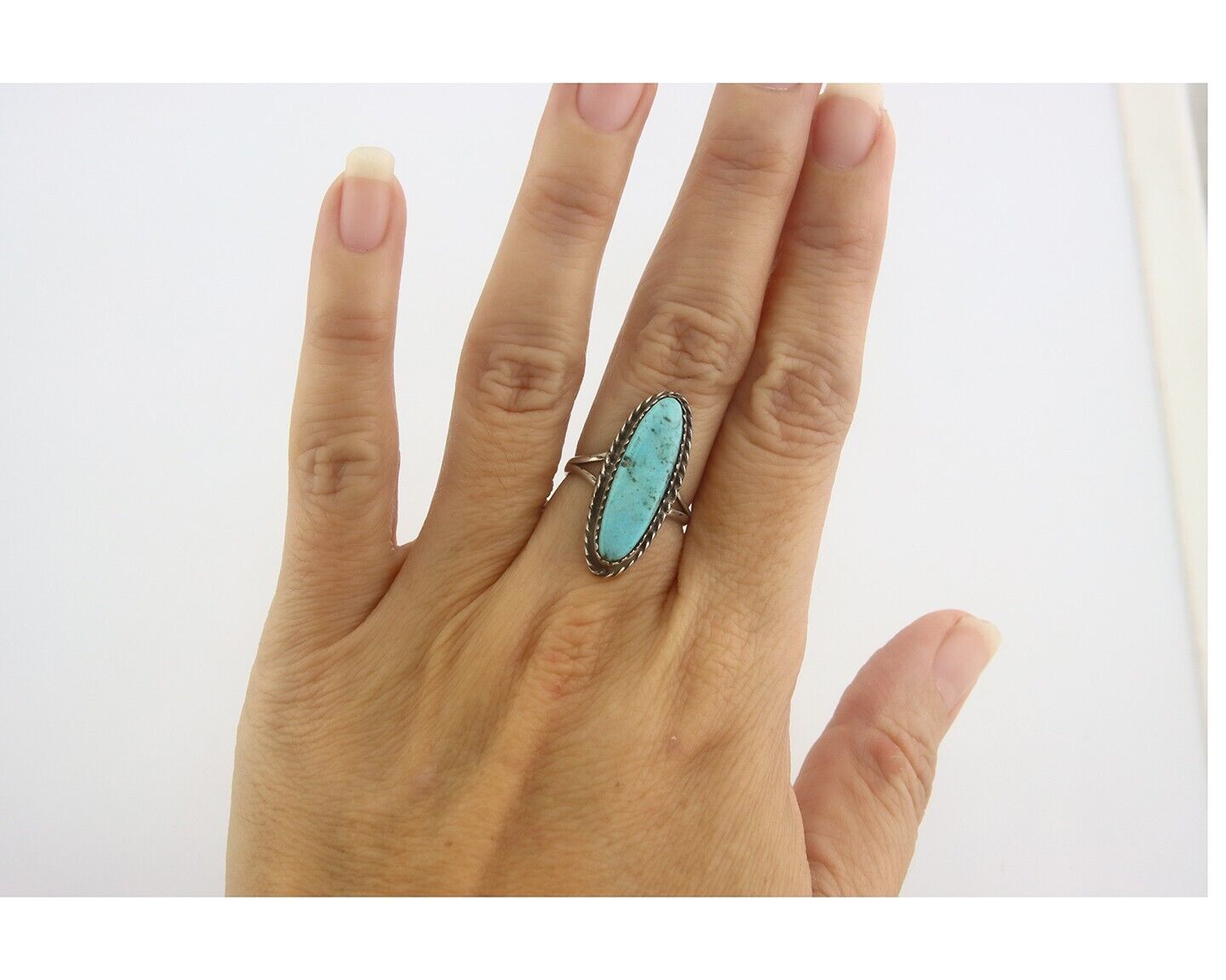 Navajo Ring 925 Sterling Natural Turquoise Native Artist C.80's Size 5.5