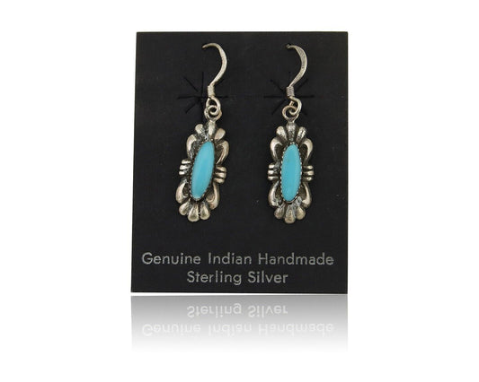 Navajo Dangle Earrings 925 Silver Blue Turquoise Artist Signed Square C.80's