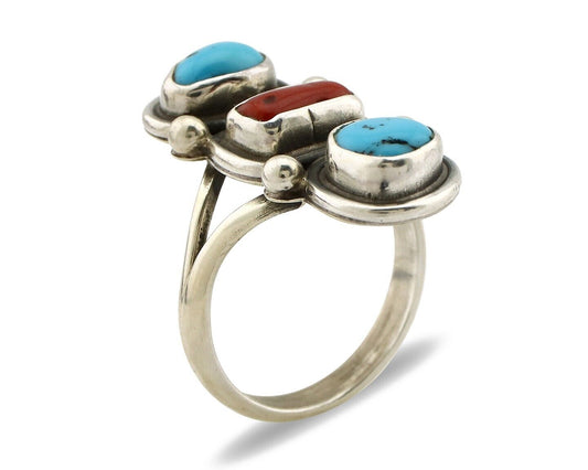 Navajo Ring 925 Silver Sleeping B Turquoise & Coral Native American Artist C.80s