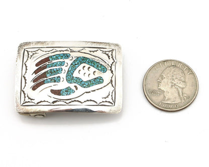 Navajo Belt Buckle .925 Silver Handmade Chip Inlay Artist Signed Begay C.80's