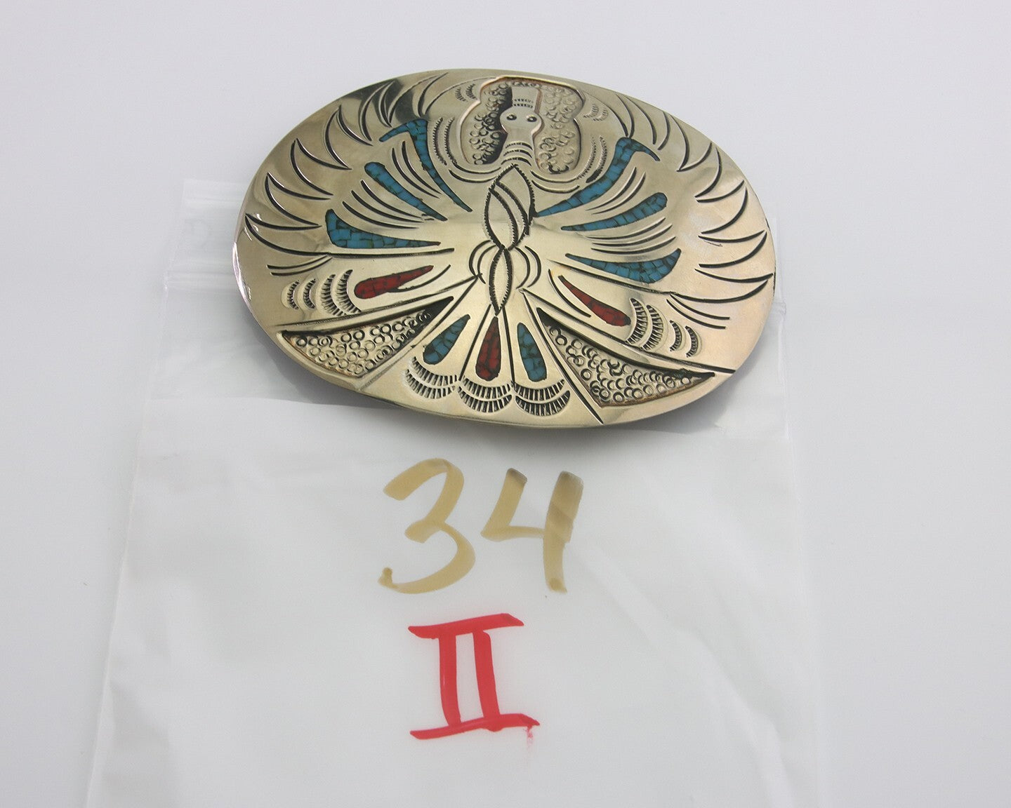 Navajo Belt Buckle .999 Nickel Buffalo Gemstone Signed Chee Keams 3x3.5 in C.80s