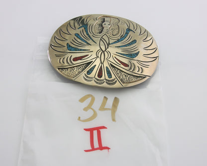 Navajo Belt Buckle .999 Nickel Buffalo Gemstone Signed Chee Keams 3x3.5 in C.80s