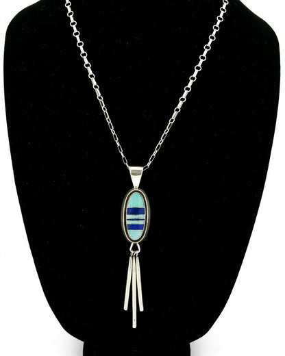 Navajo 1980's Nugget Gallery Turquoise & Lapis .925 Silver Handmade Pendant