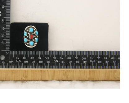 Navajo Ring 925 Sterling Natural Coral & Turquoise Signed EH C.80's Size 6.25