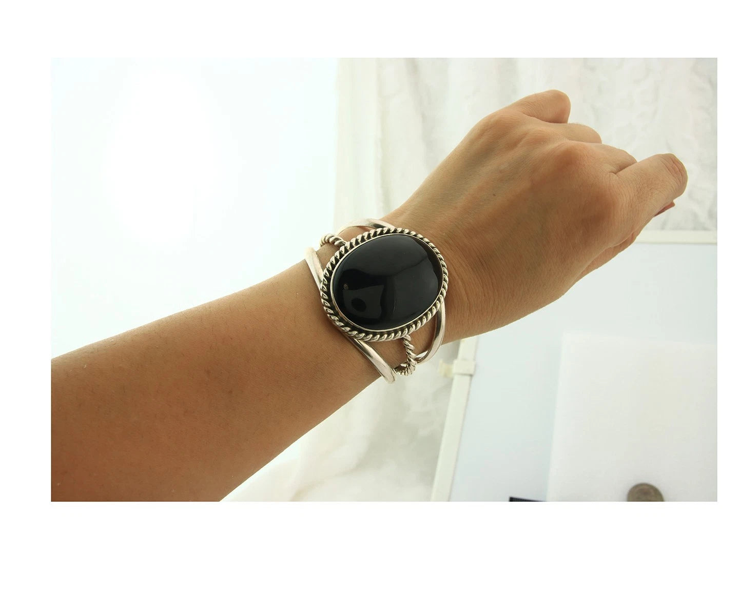 Navajo Cuff Bracelet Sterling Silver Black Onyx Handmade Vintage