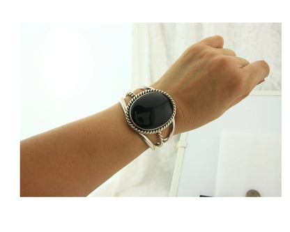 Navajo Cuff Bracelet Sterling Silver Black Onyx Handmade Vintage