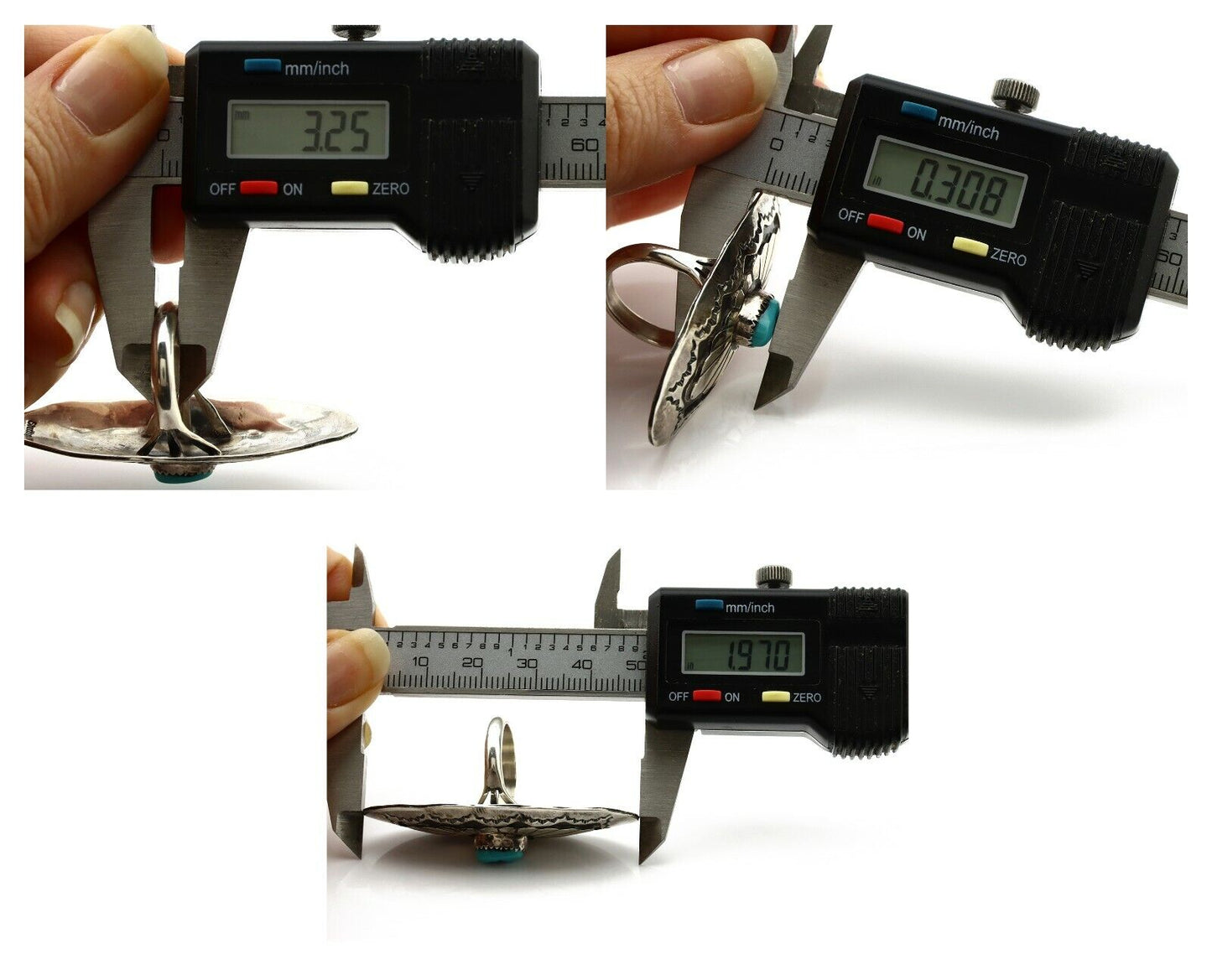 Navajo Shield Ring .925 Silver Blue Turquoise Hand Stamped Native Artist C.80's