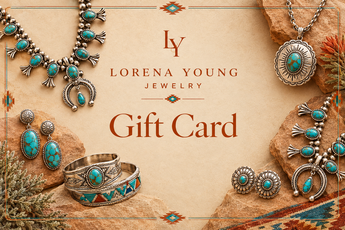 A gift card design for Lorena Young Jewelry, featuring silver-toned turquoise jewelry arranged around a central tan background with the text 'Lorena Young Jewelry Gift Card'.