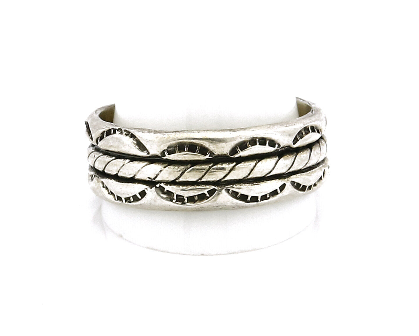 Navajo Ring .925 Silver Handmade Hand Stamped 3 Row Rope Band C.1980s Size 14.25