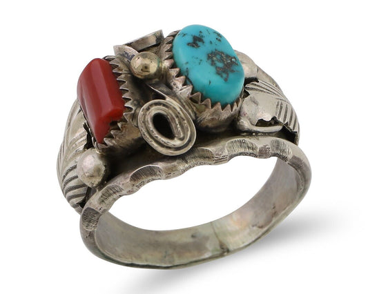 Navajo Ring 925 Silver Coral Turquoise Artist Signed Max Calabaza C.80's