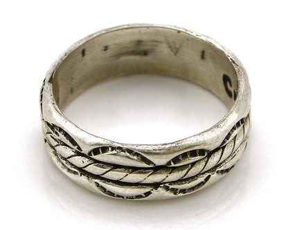 Navajo Ring .925 Silver Handmade Hand Stamped 3 Row Rope Band C.1980s Size 14.25