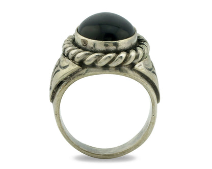 Navajo Ring .925 Silver Onyx Artist Signed Apache Manufacturing C.80's