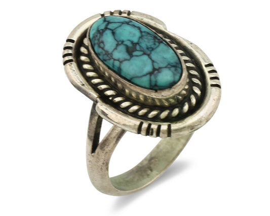 Navajo Ring .925 Silver Spiderweb Turquoise Native American Artist C.1980's