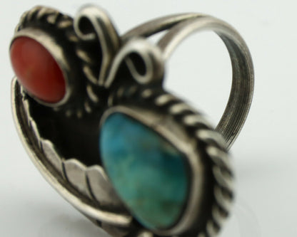 Navajo Ring .925 Silver Turquoise & Coral Native American Artist C.1975's