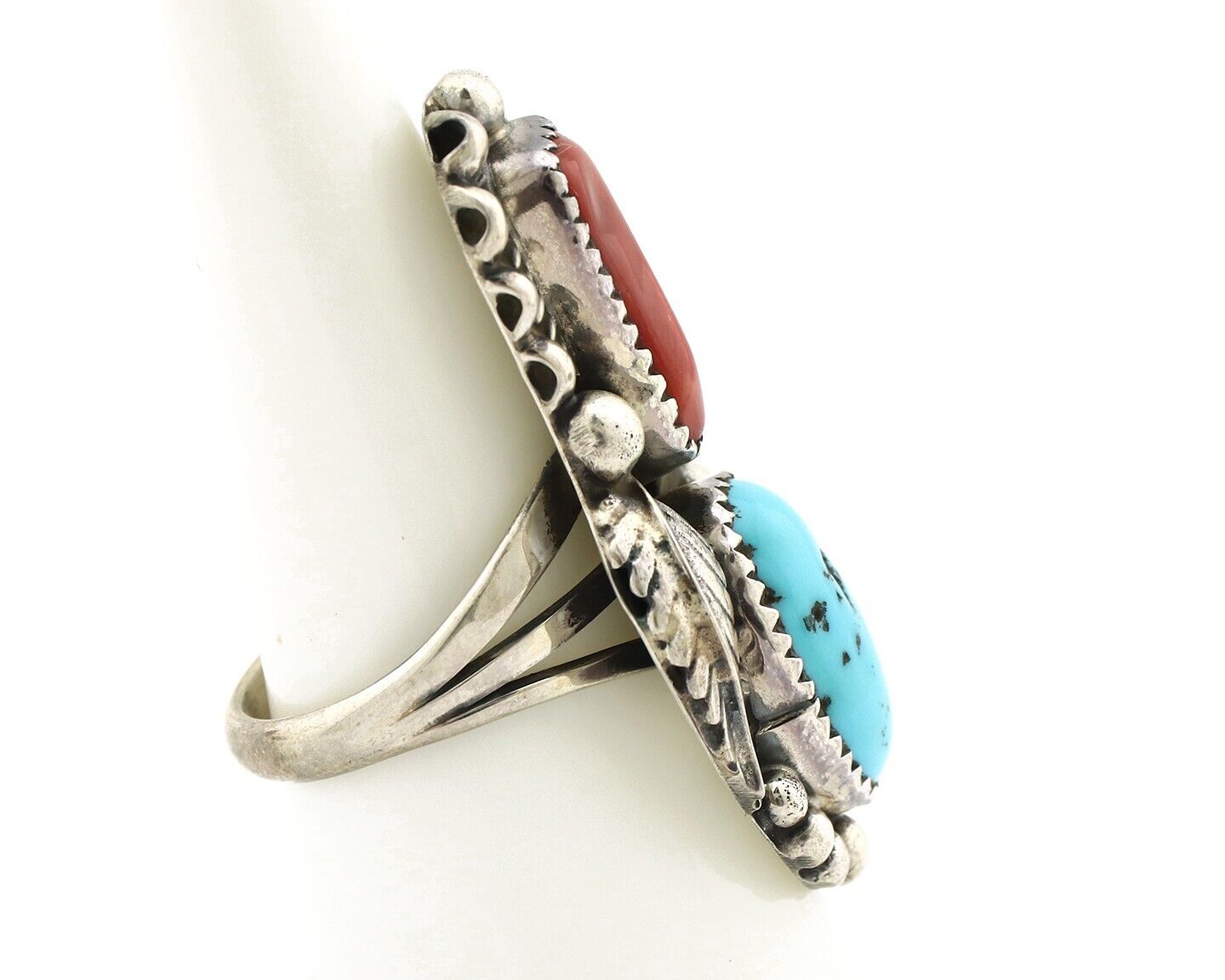 Navajo Ring 925 Silver Blue Turquoise & Coral Signed Stanley Bain C.80's