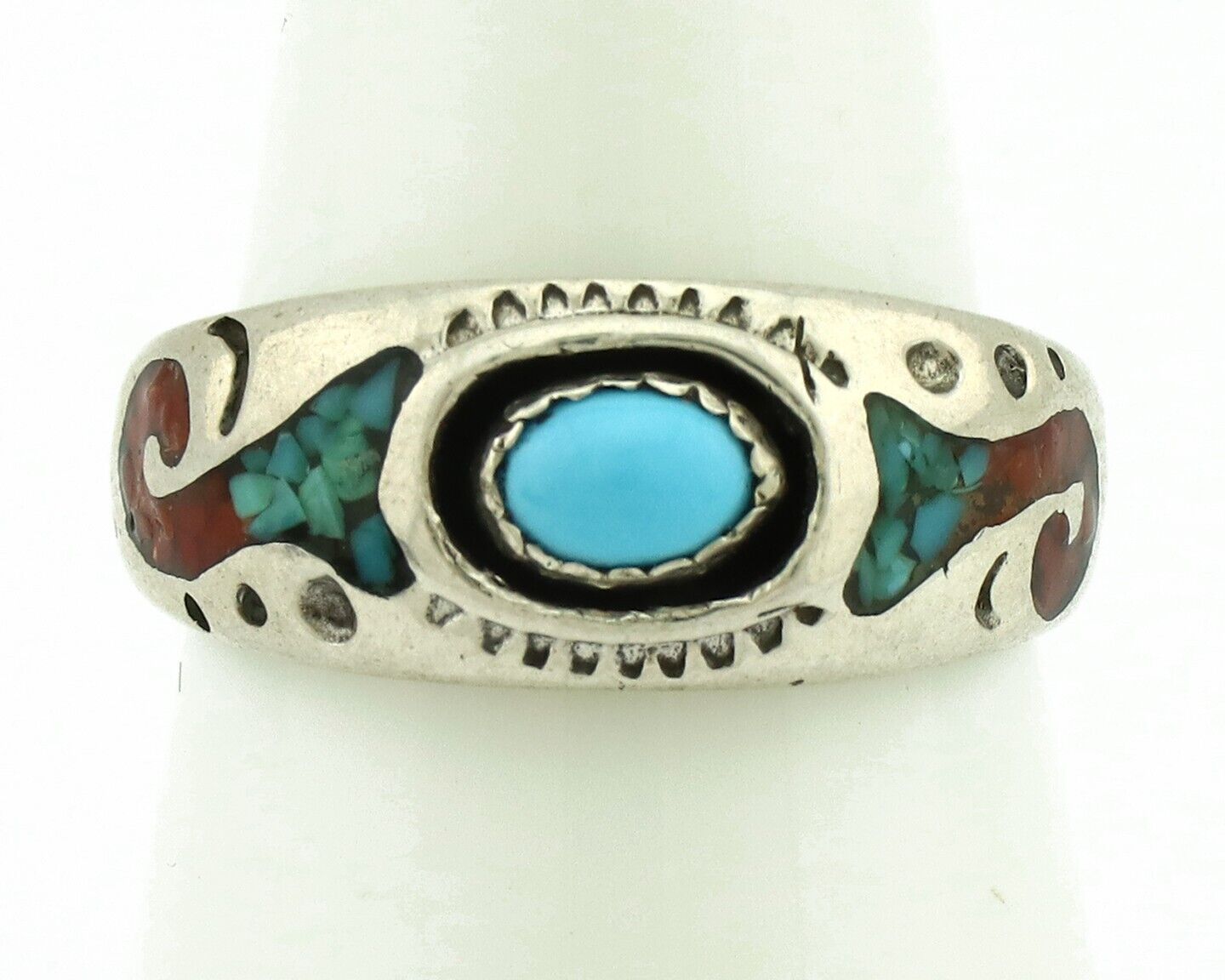 Navajo Handmade Ring 925 Silver Blue Turquoise & Coral Native American C.80's