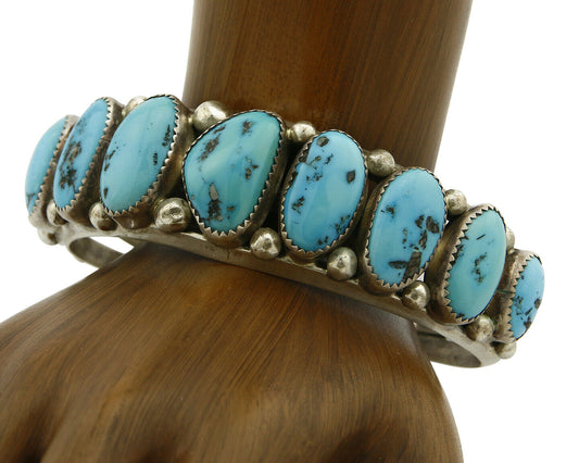 Navajo Bracelet .925 Silver Sleeping Beauty Turquoise Artist Signed M Circa 80's