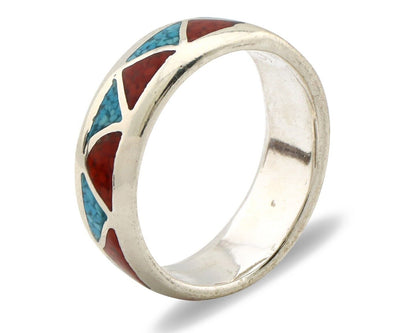 Navajo Chip Inlay Ring 925 Silver Sleeping Beauty Turquoise & Coral Silver Cloud