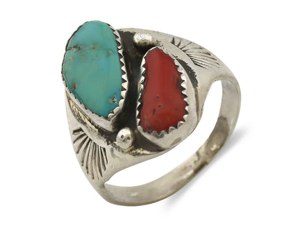 Zuni Ring .925 Silver Natural Turquoise & Coral Native American Artist C.1980's