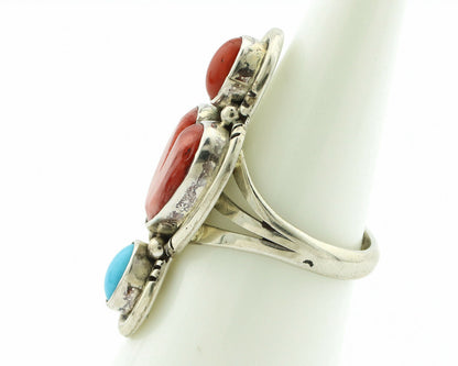 Navajo Ring .925 Silver Natural Coral & Turquoise Signed Carrol Felley C.80's