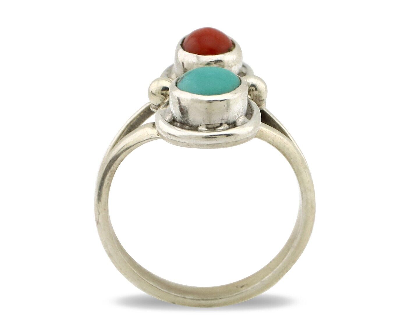 Navajo Handmade Ring 925 Silver Coral & Turquoise Native American Artist C.80's