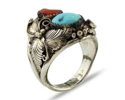 Navajo Ring 925 Silver Blue Turquiose & Mediterranean Coral Native Artist C.80's