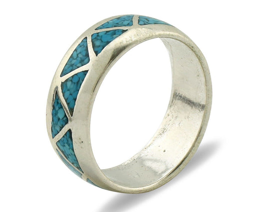 Navajo Chip Inlay Ring 925 Silver Sleeping Beauty Turquoise Artist Silver Cloud