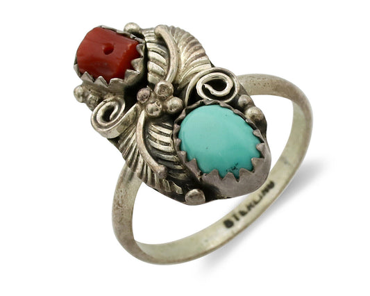 Navajo Ring 925 Silver Coral & Turquoise Handmade Native American Artist C.1980s