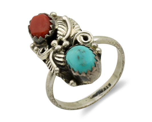 Navajo Ring 925 Silver Coral & Turquoise Handmade Native American Artist C.1980s