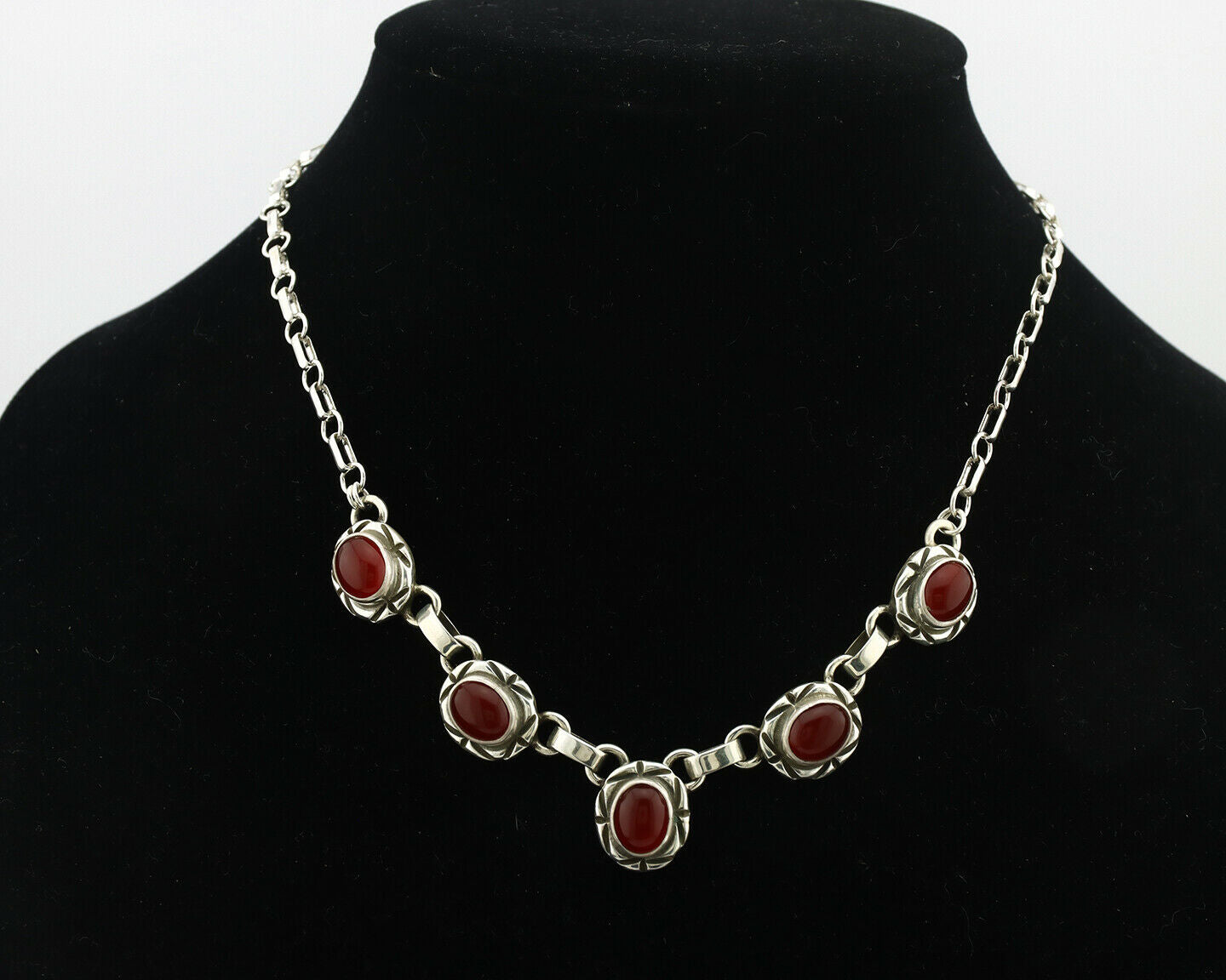 Navajo Necklace .925 Silver Red Carnelian Native American Artist C.80's