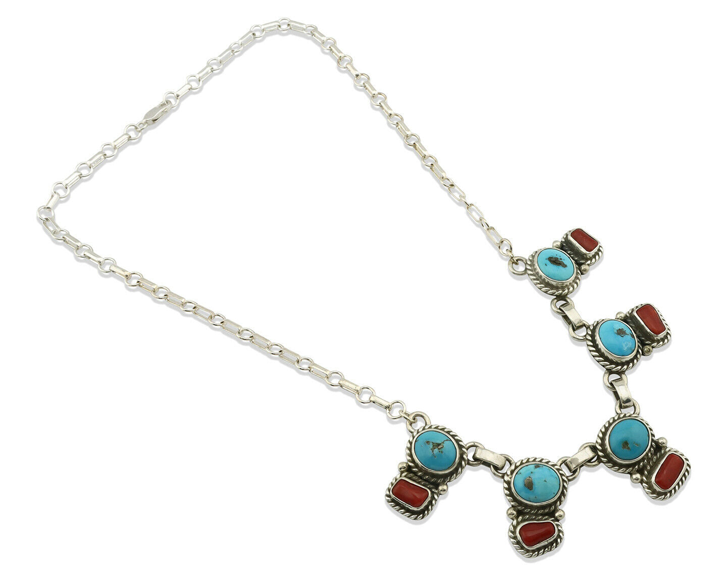 Navajo Necklace .925 Silver Morenci Turquoise & Coral Native Artist C.80's