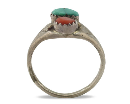 Zuni Ring .925 Silver Natural Turquoise & Coral Native American Artist C.1980's