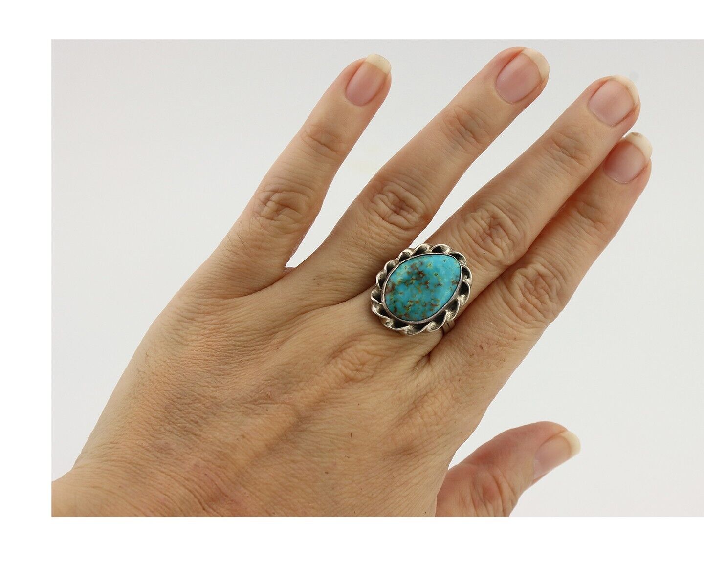 Navajo Ring .925 Silver Blue Gem Turquoise Native American Artist C.80's