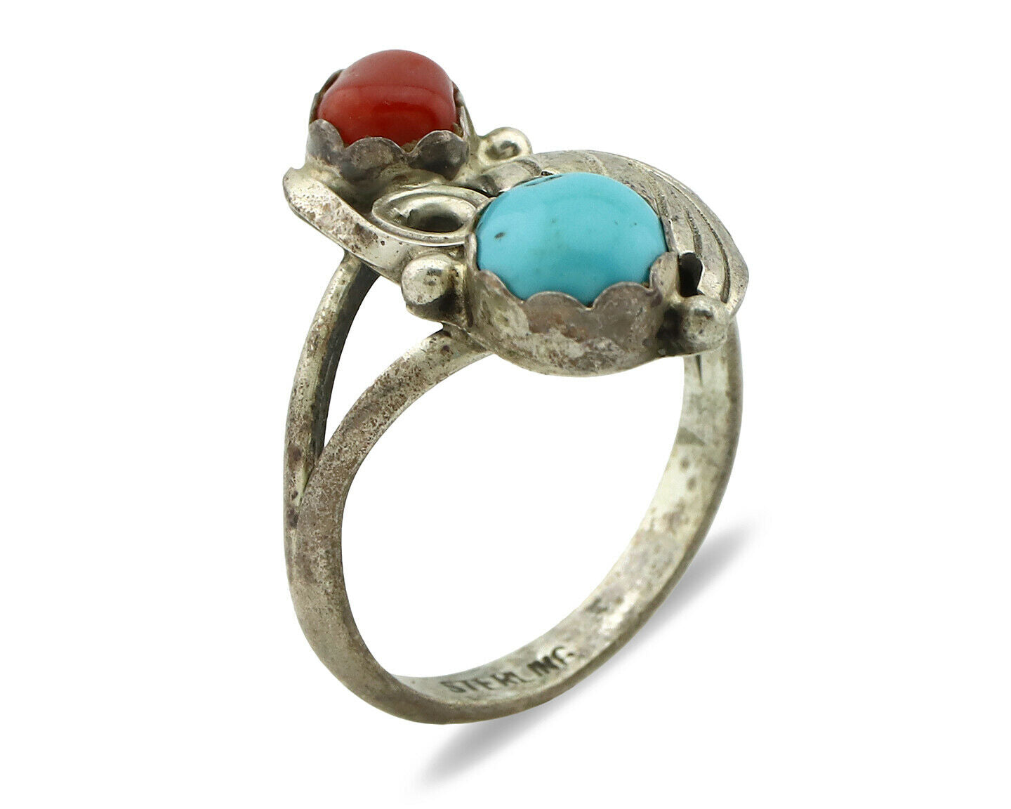 Navajo Ring .925 Silver Turquoise & Coral Native American Artist C.1980's